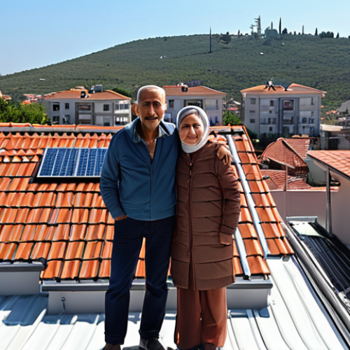 Home 16 "A content Turkish family, perhaps a couple or a multi-generational family, standing on a bright rooftop next to sleek solar panels, gazing out over a sunlit, typical Turkish residential area. The scene conveys a sense of modern comfort, financial relief from electricity bills, and quiet pride in energy independence. Warm, inviting sunlight and a clear blue sky are essential."