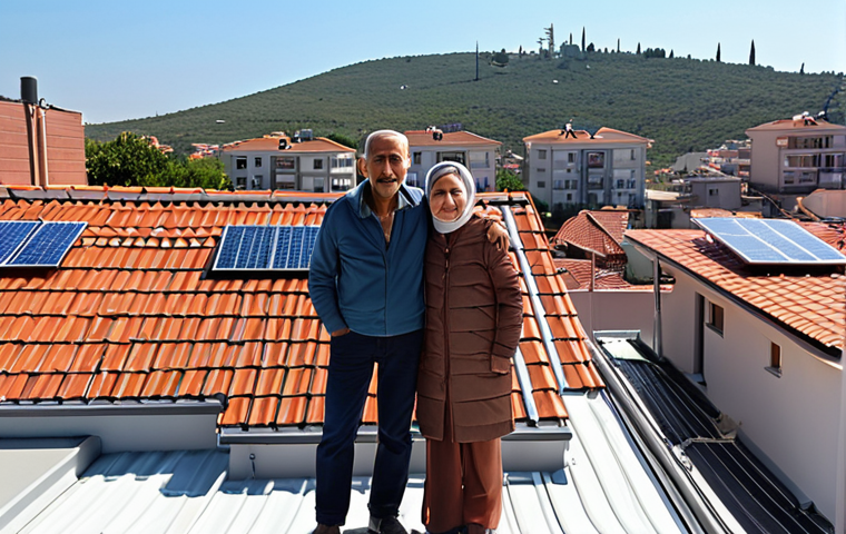 "A content Turkish family, perhaps a couple or a multi-generational family, standing on a bright rooftop next to sleek solar panels, gazing out over a sunlit, typical Turkish residential area. The scene conveys a sense of modern comfort, financial relief from electricity bills, and quiet pride in energy independence. Warm, inviting sunlight and a clear blue sky are essential."