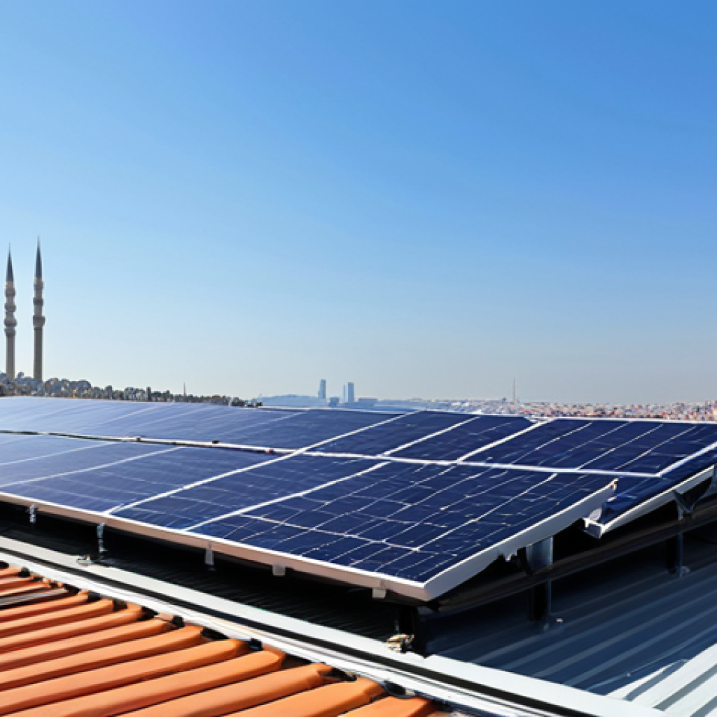 **

"A modern Turkish rooftop solar panel installation, showcasing efficient panel arrangement. Sunny day, clear blue sky. Include a distant view of Istanbul architecture in the background, emphasizing sustainable energy in a Turkish urban setting. Focus on the clean, organized layout of the solar array."

**