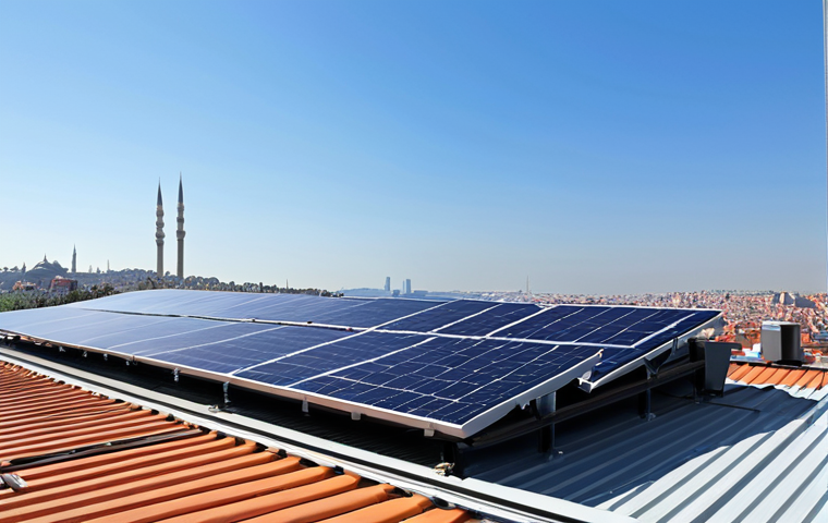 **
"A modern Turkish rooftop solar panel installation, showcasing efficient panel arrangement. Sunny day, clear blue sky. Include a distant view of Istanbul architecture in the background, emphasizing sustainable energy in a Turkish urban setting. Focus on the clean, organized layout of the solar array."
**