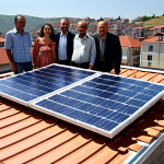 ** A group of neighbors gathered around a newly installed solar panel system on a rooftop in Turkey. The scene should convey community, collaboration, and the bright, sunny atmosphere of a solar energy cooperative. Consider incorporating elements of Turkish architecture or landscapes in the background.

**